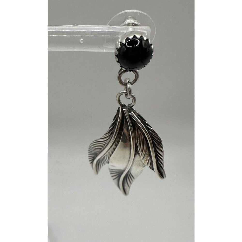 Vintage Sterling Silver Black Onyx Feather Dangle Pierced Earrings Boho